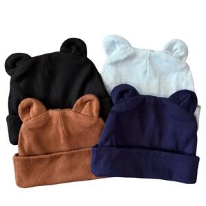 Charming Bear Ear Beanie Set for Kids - Black, Light Blue, Brown, Navy